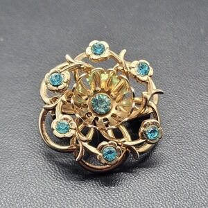 Vintage Brooch Gold Tone Floral Blue Rhinestone Costume Jewelry Pin